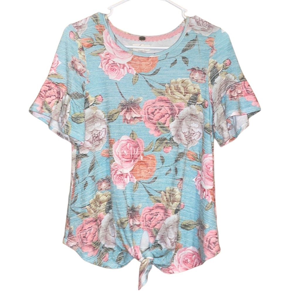 •CUPIO•BLUE FLORAL RUFFLE TRIM  SCOOPNECK TIE KNOT FRONT DETAIL BLOUSE (SMALL)